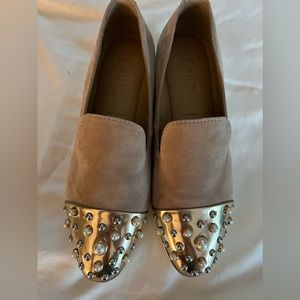 Karl Lagerfield tan suede slip on loafers